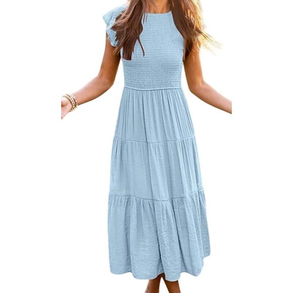 #6NWT Merokeety Light Blue Midi Dress Smocked Top Flutter Sleeves Size Small - Picture 1 of 3